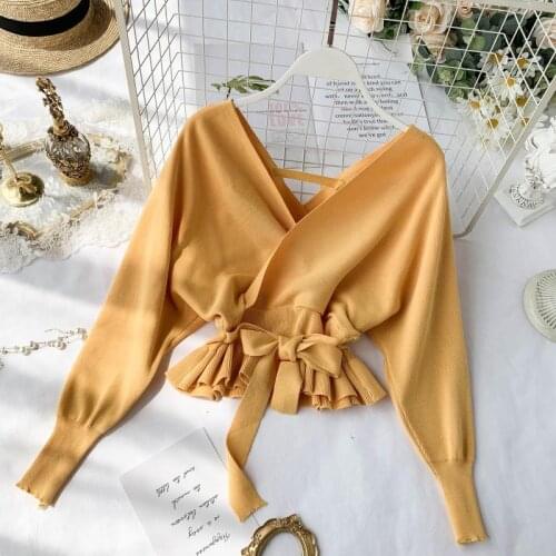 Elegant V Neck Ruffle Sweater Women Fashion Batwing Sleeve Pullover Jumper Knitted Autumn Sweater Ladies Office Sweater G915