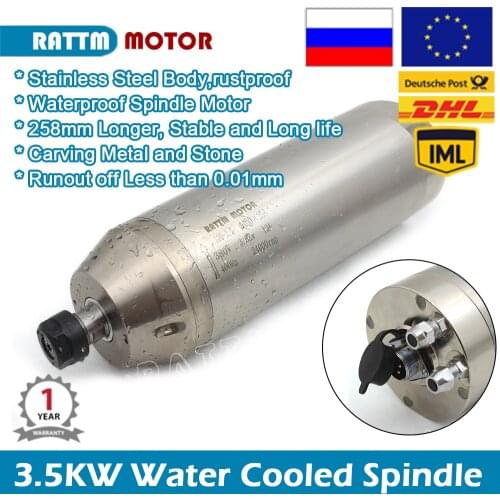 CNC Waterproof Water cooling spindle motor 3.5kw 220V / 380V ER20 for Metal L258mm 24000rmp 12A 4pcs bearings