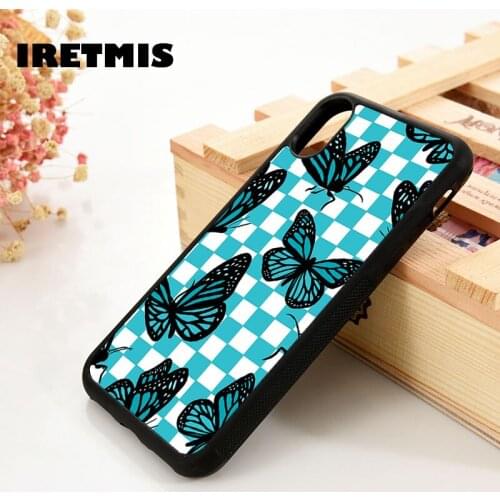 Iretmis 5 5S SE 6 6S TPU Silicone Rubber Phone Case Cover for iPhone 7 8 Plus X Xs 11 12 MINI Pro Max XR Blue Butterfly Checkers