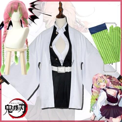 Adult Kids girls Demon Slayer Kimetsu No Yaiba Cosplay Costumes Kanroji Mitsuri Cosplay Costume Women Japan Kimono wig shoes
