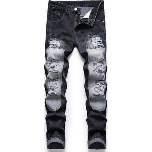 KIOVNO Men Ripped Pleated Jeans Pants Straight Patchwork Denim Trousers For Male Streetwear Washed