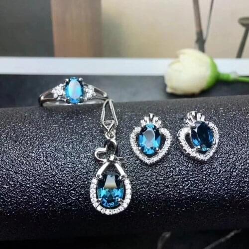 Natural blue topaz Ring Pendant Earrings Natural Gemstone Jewelry Set 925 Silver Lovely foot geometry Women party gift jewelry