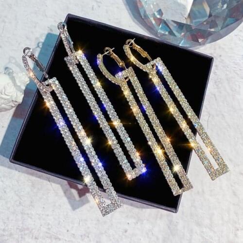 2021 Earrings super flash water drill Earrings female geometric long strip full of net red Earrings temperament Earrings