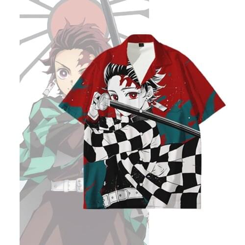 Anime Demon Slayer Cosplay Kimetsu No Yaiba Tanjiro Kamado Costume Unisex Tops Funny Short-sleeved Shirt Cardigan