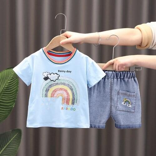 LISUNNY Children Clothing Sets 2021 Summer Baby Boy Rainbow Cotton Short Sleeve T Shirt Denim Shorts Toddler Infant Clothes 0-5y
