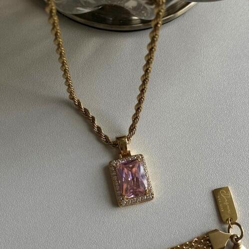 Fashionable personality Fashion European And American Pink Square Zircon Diamond Twist Necklace