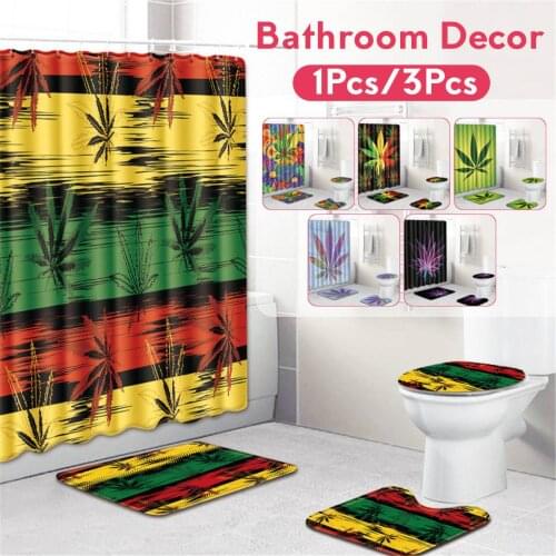 Fashion Maple Leaf Pattern Waterproof Polyester Shower Curtain Set Non Slip Rugs Carpet for Bathroom Toilet Flannel Bath Mat Set