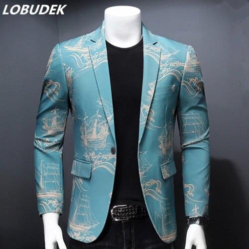 Gentleman Blazers Men Blue Patterning Printed Suit Jacket Casual Coat Prom Singer Concert Stage Costume Winter Plus Size Blazer