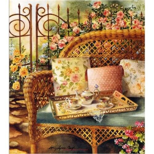 Embroidery Counted Cross Stitch Kits Needlework - Crafts 14 ct DMC Color DIY Arts Handmade Decor - Wicker Bench Tea