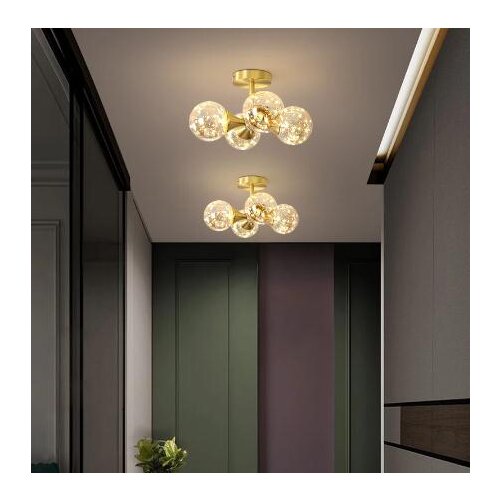 Nordic Led Copper Golden Lustre Ceiling Lamp Luxury Gypsophila Glass Ball Chandelier Home Decoration for Bedroom Corridor Aisle