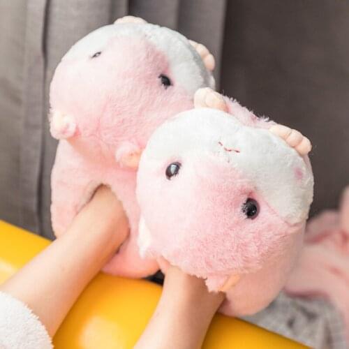 New Cartoon Winter Warm Slippers Cute Furry Hamster Winter Cotton Shoes Slides Women Plush Furry Indoor Lovely Warm House Shoes