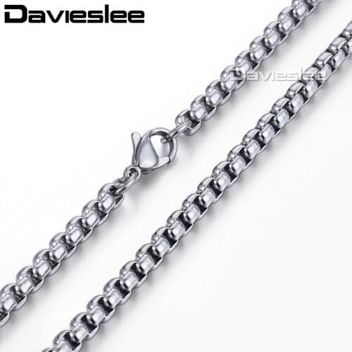 Davieslee Mens Necklace Chain Round Box Link Silver Color Stainless Steel Chains Necklaces for Men Jewelry 3 4mm LKNM144
