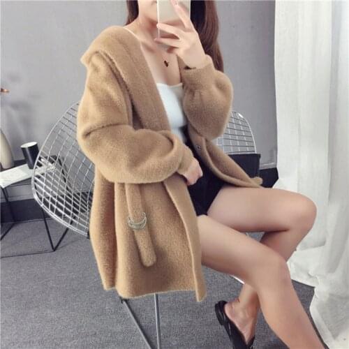 Loose Sweater Coat Solid Female Thick Knit Womens Cardigan Sweater Coat 2019 Style Autumn Long Coat Hooded Imitation Mink Fur
