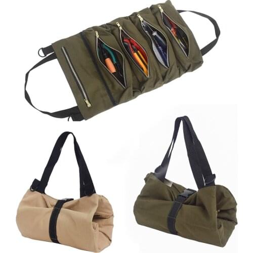 Multi-Purpose Tool Roll Up Canvas Storage Bag Wrench Roll Pouch Hanging Tool Zipper Carrier Tote Organizer