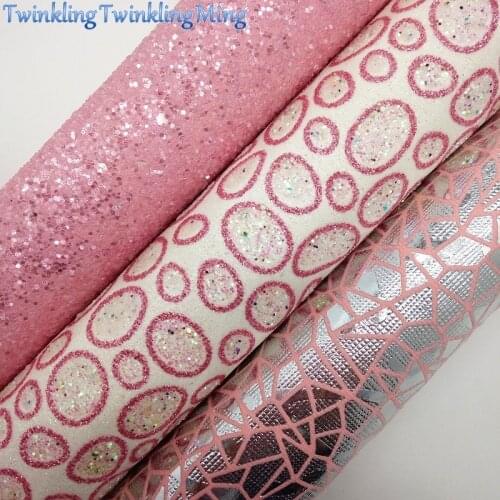 PINK Glitter Fabric, Pattern Synthetic Leather Faux Fabric Sheets For Bow A4 21x29CM Twinkling Ming XM011H