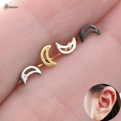Starose 2pcs 20G Rod Mini Hollow Moon Ear Stud Earring Ball Helix Piercing Tragus Lobe Cartilage Earrings Nose Ring Body Jewelry