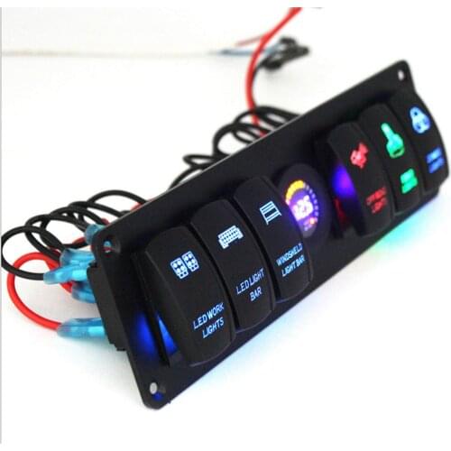 Marine Boat Rocker Switch Panel 6 Gang Waterproof Toggle Switches w/ Digital Voltage Display