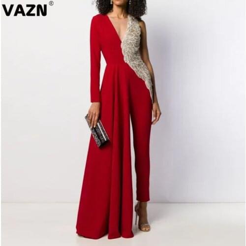 VAZN Top design 2020 spring sexy lady 3 colors patchwork long jumpsuit one shoulder full sleeve asymmetrical special jumpsuit