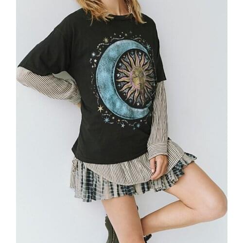 Happie Queens Women Boho Tees short sleeve sun and moon Vintage T shirt