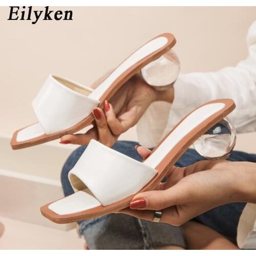 Eilyken Size 35-43 Clear Crystal Round Ball Heels Slippers Women Summer Beach Peep Toe Slides Shoes Woman Flip Flops Sandals