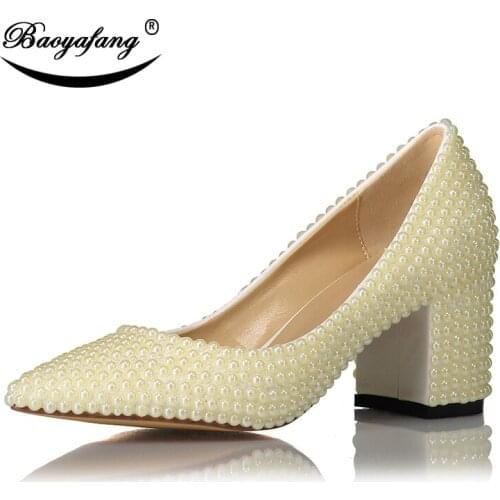 BaoYaFang Ivory Pearl Womens Wedding shoes Woman Block heel Girls Performance shoes Beads party shoes Sweet Med heel Pointed Toe