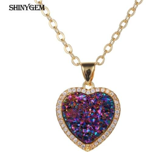 ShinyGem Fashion 12*12mm Love Heart Natural Sparkling Crystal Druzy Pendant Necklaces Gold/Silver Plated Necklaces For Women Gif