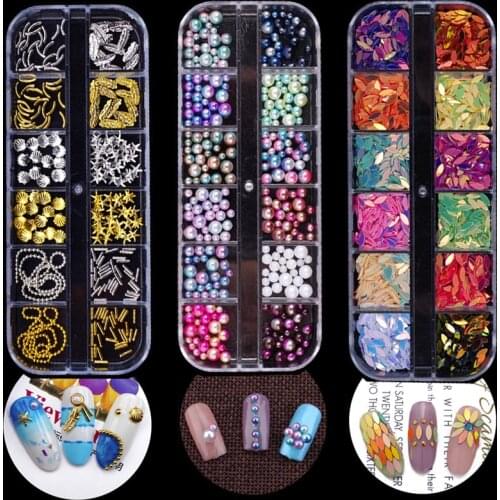 1 Box Multi Size Nail Rhinestones 3D Crystal AB Clear Nail Stones Gems Pearl DIY Nail Art Decorations Gold Rivet Rhinestone