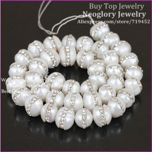 1strand Fresh Water Pearl with Rhinestone Bead,Elegant White Freshwater Baroque pearl,Sparkling Rhinestone 10mm Round Pearl