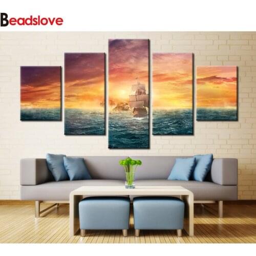 5 Pieces diamond painting Seascape Sailing Boat Europe 5d diy diamond picture full square round diamond embroidery rhinestone