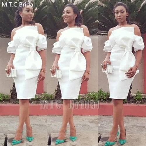 White Short Prom Dresses With Big Bow Sheath Off the Shoulder Short Sleeves Sexy Black Girl Wedding Party Dress Customize