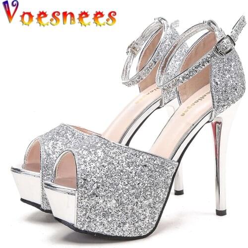 Sequined Cloth Women Sandals Shoes High Heel 13CM Platform Peep Toe Pumps Shoes Women Wedding Shoes Ankle Strap Ladies Sandals