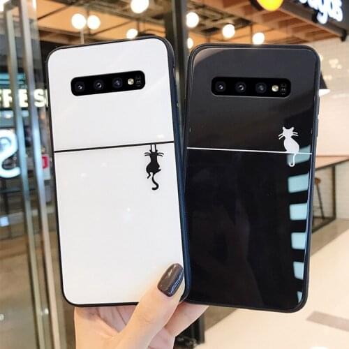 For Samsung note 8 9 Plus 10 Lite 20 Pro Ultar A11 A31 A21S Case Luxury Cat shadow Hard Tempered Glass Cover For Samsung Note 20