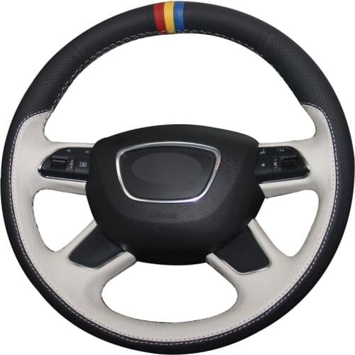 Black White Natural Leather Car Steering Wheel Cover for Audi Q7 2012-2015 Q3 Q5 2013-2016 A4 (B8) 2014 2015 A6 (C7) 2014-2016
