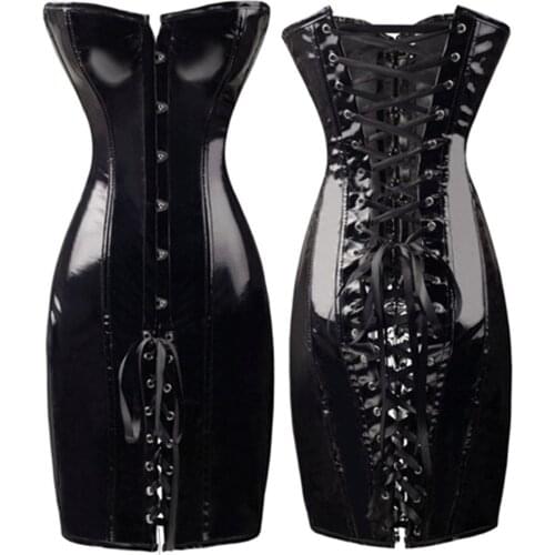 Gothic Sexy Shiny Long Leather Wetlook Off Shoulder Bodycon Dress PVC Latex Corset Dress Party Night Club Vestidos