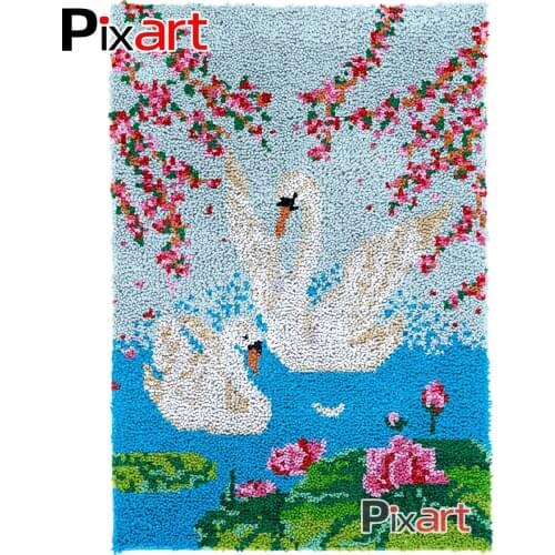 Latch Hook Rug Spring Swans Crocheting Wall Tapestry Kits DIY Carpet Rug Chunky Yarn Needlework Knitted Floor Mat Hobby & Crafts