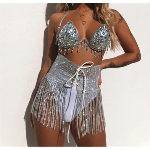 Flashing Silver Gold Black Rhinestone Skirt Girdle Prom Women Dance Evening Outfit Birthday Celebrate Fringe Short Dress