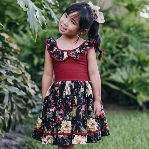 2019 Wine dress with floral / kids dresses for girls