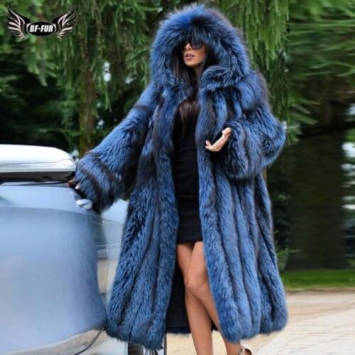 Fashion Plus Size Women Silver Fox Fur Coat With Big Hood Warm Winter Overcoat Full Pelt Fox Fur Coats Long Genuine Fur Jacket