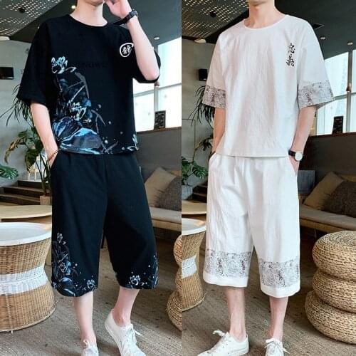 Summer Men Kimono Short-Sleeved Shirt Pants Two Piece Suits Japanese Print T-shirt Shorts Japan Harajuku Yukata Cardigan Costume