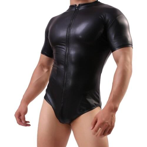 Mens Sexy Faux Leather Underwear Bodysuit Boxers Jumpsuits Wrestling Singlets Lingerie Stretch Tight Gay Jockstrap