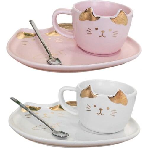 1 Set Coffee Cup Cat Painted Nordic Style Ceramic Home Coffee Mug Plate Spoon Set for Drink Cafe Kitchen Accessories Hot