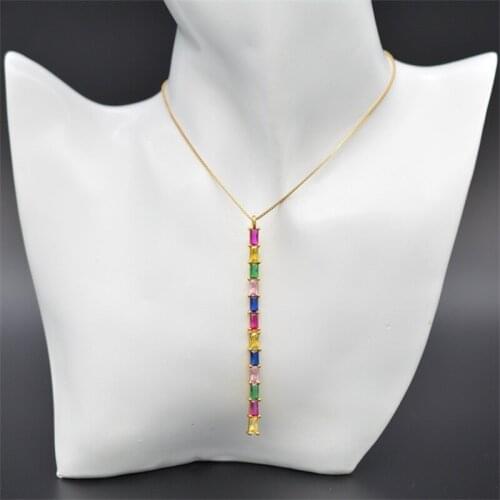 2019 New Long Strip Pendant Necklace Set In Rectangle AAA Cubic Zirconia Gold fashion necklaces for women jewelry 2019 statement