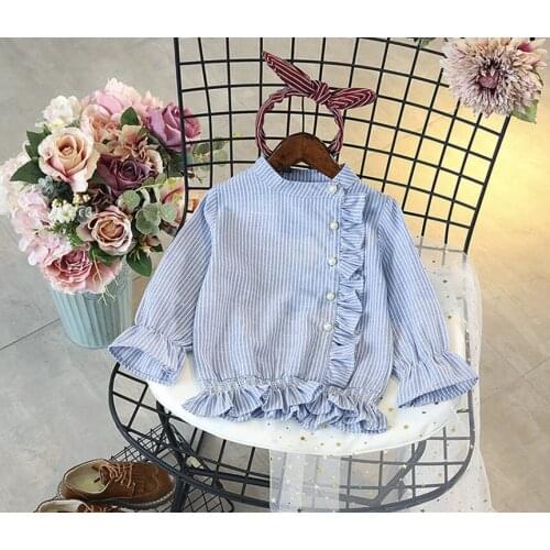 New baby girl clothes Childrens Striped Blouses Long Sleeve Fashion beads buttons Girls Shirts lace kids shirts Spring Clothes