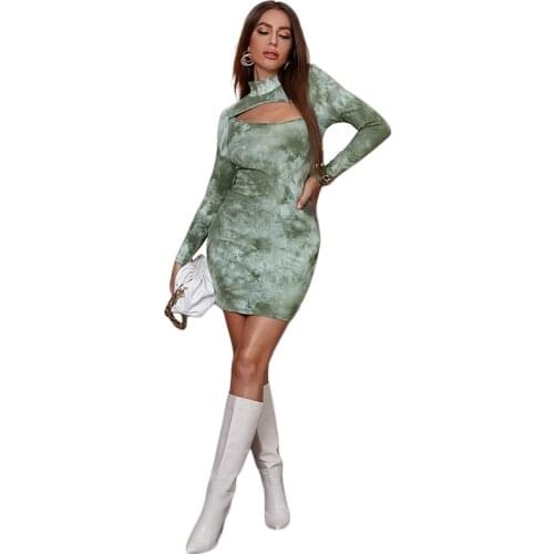 Tie Dye Dress Women O-Neck Full Sleeve Hollow Bodycon Dresses For Women 2021 Summer Slim Sexy Green Mini Dress Female CX2088
