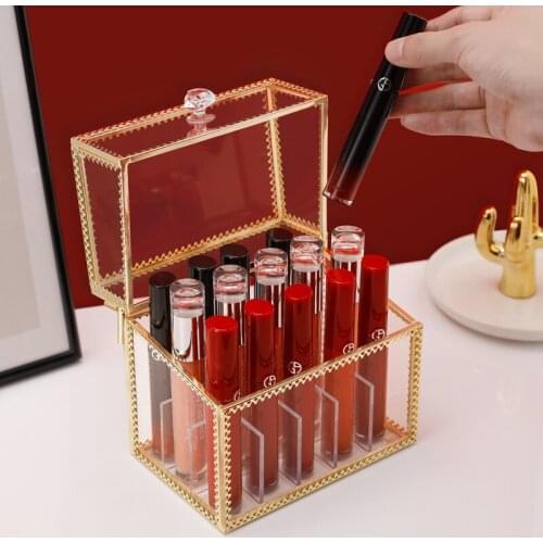 15 Lattice Trapezoid Glass Transparent Makeup Display Rack Lipstick Holder Stand Cosmetic Make up Organizer Box Dropshipping