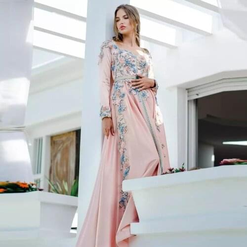 Pink Moroccan Kaftan Caftan Muslim Evening Dresses A-line Long Sleeves Appliques Dubai Arabic Turkey Abaya Islamic Evening Gown