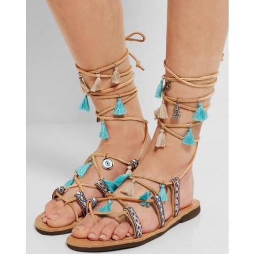 Summer Newest Style Multi-color Flat Sandals Clip-toe Lace-up Fringe Colorful Pompom Flat Sandal Flat Beach shoes woman Free Shi