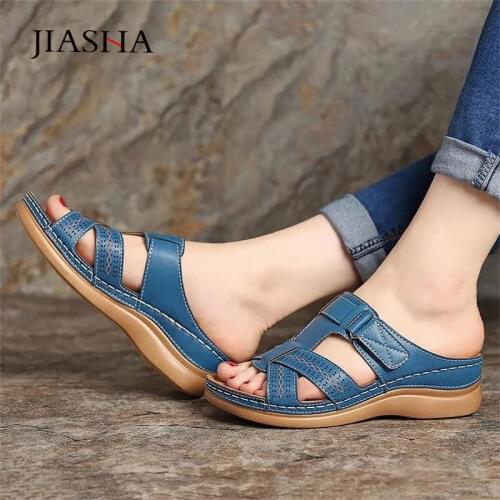 Women sandals 2021 fashion pu leather Summer shoes woman slipper beach sandals hook&loop casual basic sandals women shoes