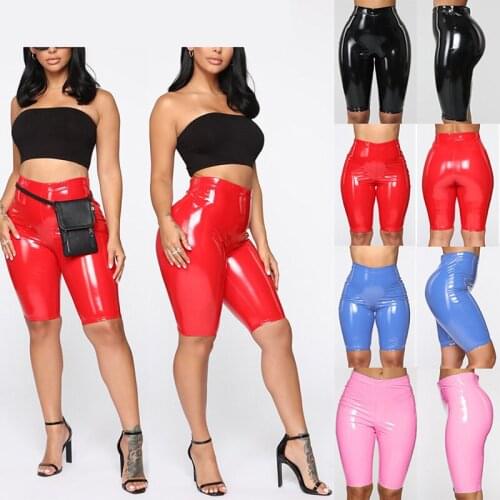 High Waist Sports Shorts Women Sexy Wet Look PU Leather Capri Shorts Clubwear Casual Sexy Skinny Shorts Knee Length Slim Bottoms
