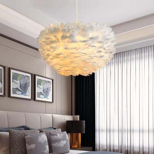 LED feather chandelier bedroom feather pendent lamp simple modern ins chandelier 50cm 60cm white pink girl room decoration